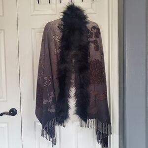 La Fiorentina Large Wrap Scarf Shawl Floral Animal Print Faux Fur Trim Black